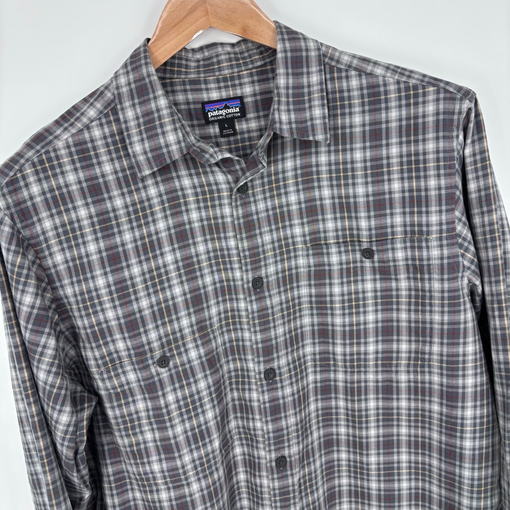 Patagonia Pima Cotton Flannel Shirt Men L Gray Plaid Organic Offset Pocket